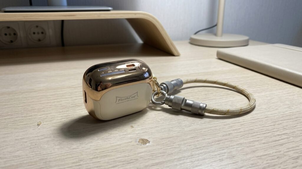 Mini power bank with built-in cable — bought it for my wife, now I want one too. My wife now leaves the house with her phone at 12% — and I don't even care anymore. Photo.