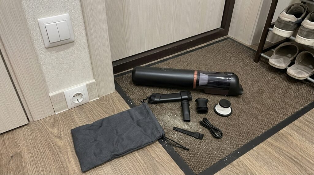 Baseus Car Vacuum — Bought It Six Months Ago and Have No Regrets. Crumbs, sand, dust between the seats — picks up everything in five minutes. Photo.