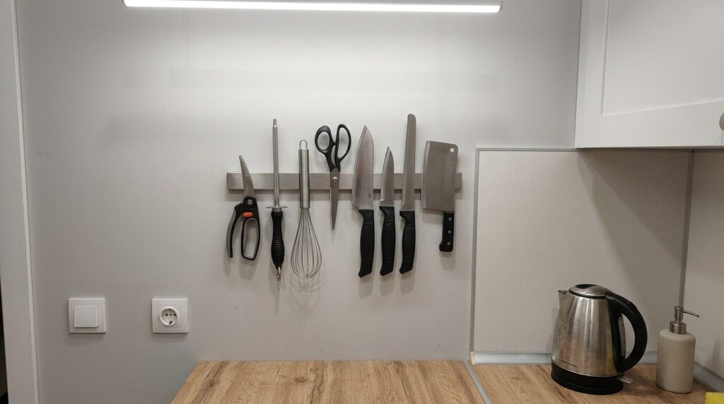 Hangs above the cutting board — scissors and a whisk stuck to it too. Photo.