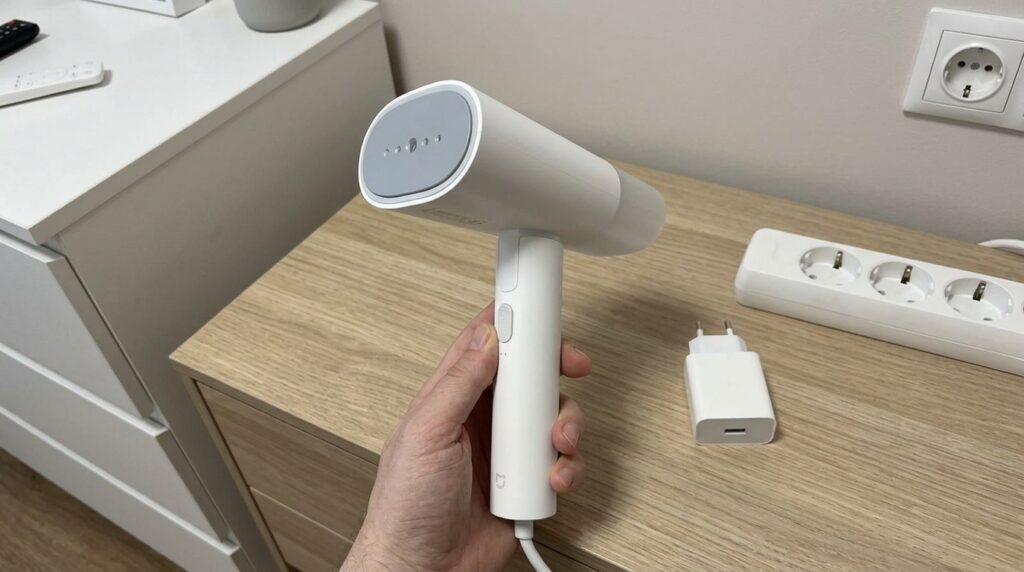 Xiaomi Mijia steamer — I haven't touched the iron since. Sits in the hallway by the coat rack — I grab it before heading out, and in a minute the shirt looks brand new. Photo.