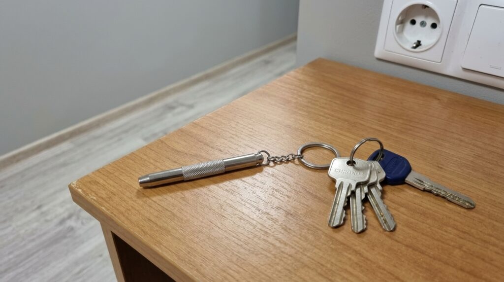 Mini screwdriver on a keychain — saved me about twenty times. Has been on my keys since March — my wife has already asked me twice to fix her glasses right at a café. Photo.