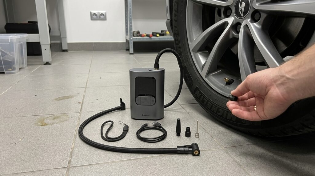 Baseus VA1 Pro — A Compressor for Inflating Tires. Inflated all four tires in the parking lot — no wires, no outlet needed. Photo.
