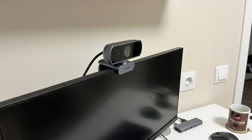 UGREEN 4K webcam — I stopped being embarrassed on video calls. The lens cover — a small thing, but it calms the paranoid person in me. Photo.