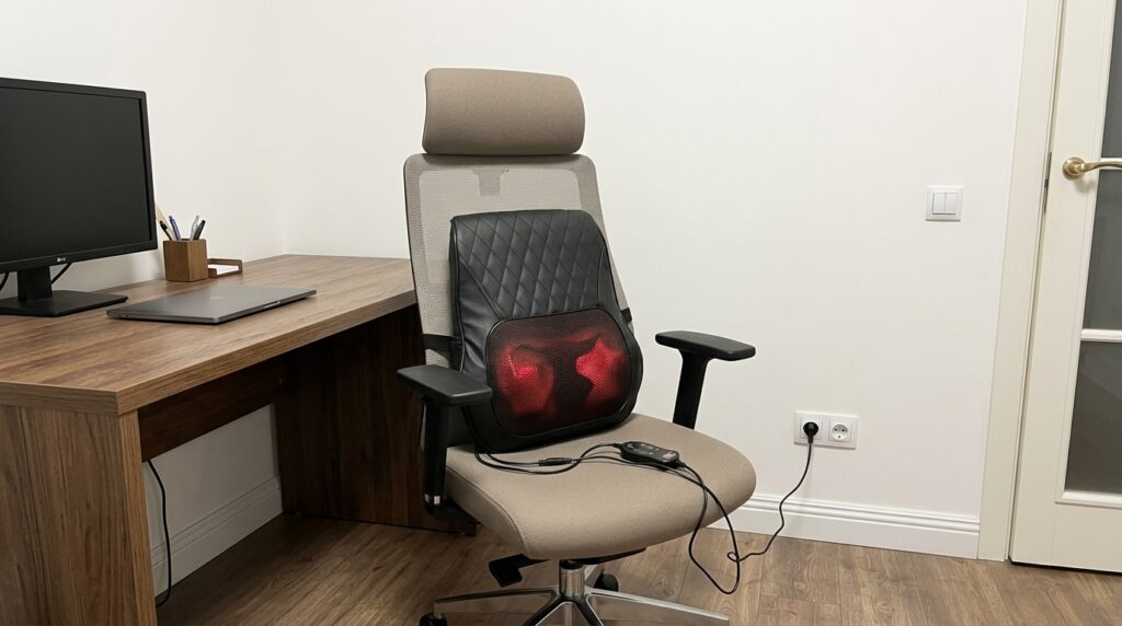 Massage pillow for the back — it sits in my chair, and I've grown attached. It's been in my office chair since February — my back stopped aching by evening. Photo.