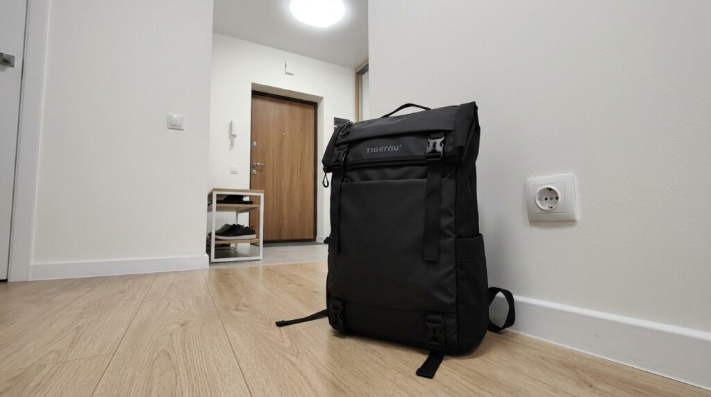Roll the top down — compact city bag; unroll it — everything fits