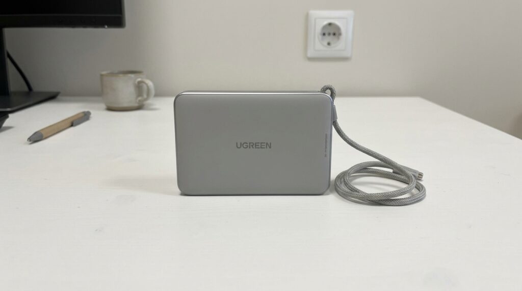 Sticks to the iPhone and charges it — I carry it around from room to room all day