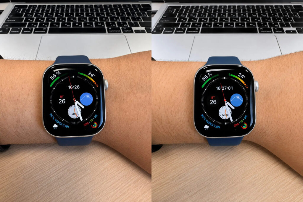 How AOD affects Apple Watch battery. AOD on the left. The only difference from a regular watch face is the absence of seconds on the digital clock. Imagine how much battery it drains. Photo.