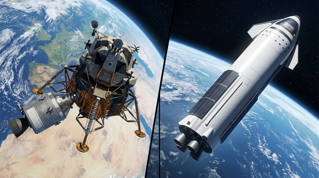 Left — the Apollo 9 lunar module in Earth orbit (1969). Right — the Starship HLS lunar module concept for the Artemis program. Photo.