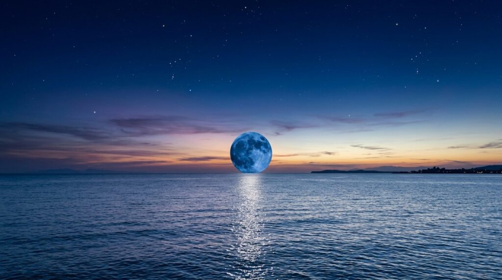 Blue micromoon rising over the ocean
