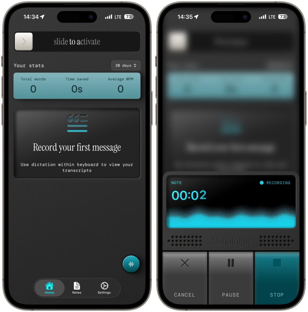 Why third-party dictation is better than Apple's built-in voice input. The app also has a top-notch design styled like a real dictaphone. Photo.