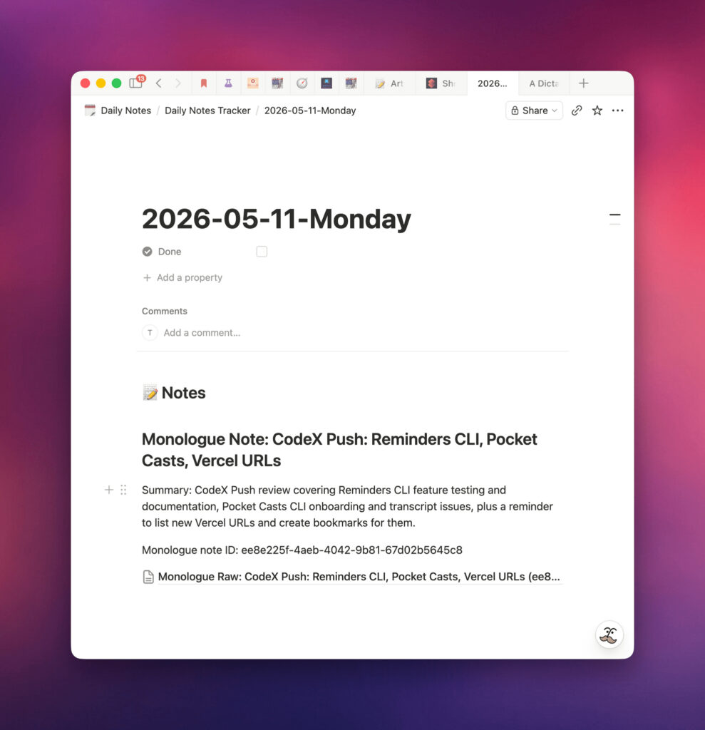 How Monologue Notes differs from other dictation apps. The agent can take the transcribed text and create a ready-made note or even write an article. Photo.