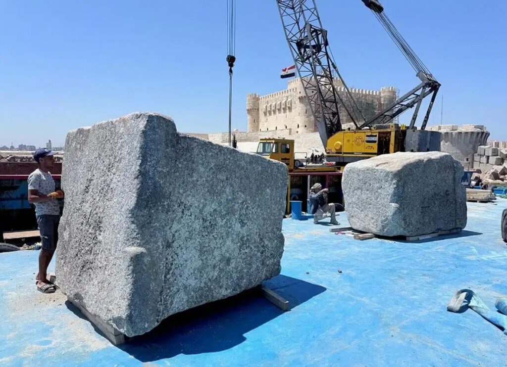 Giant stone blocks raised from the seabed at the site of the Lighthouse of Alexandria. Image source: dailygalaxy.com. Photo.