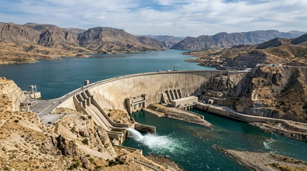 A major dam on a river in southeastern Turkey — part of the ambitious GAP project