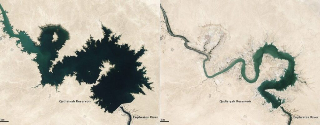 Two images were taken by the Landsat 5 satellite between September 7, 2006 and September 15, 2009, showing how the volume of the Qadisiyah Reservoir on the Euphrates River decreased. Photo.