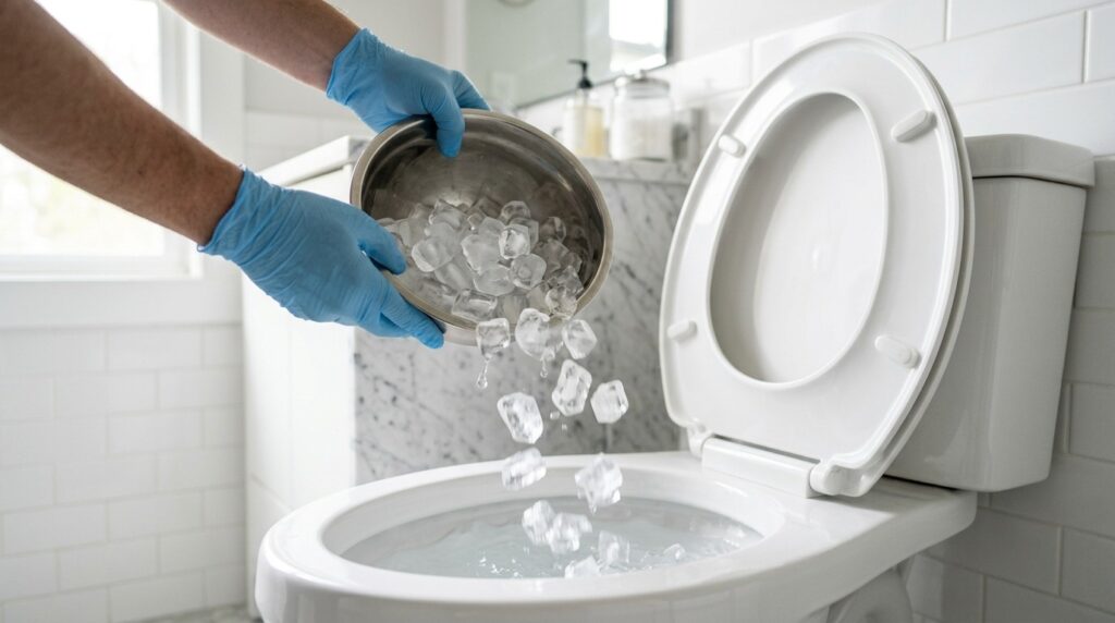 Ice can clean a toilet better than a brush. Photo.