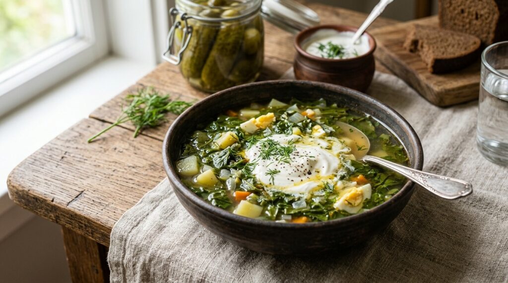 Sorrel soup with sour cream — a classic seasonal dish. Photo.