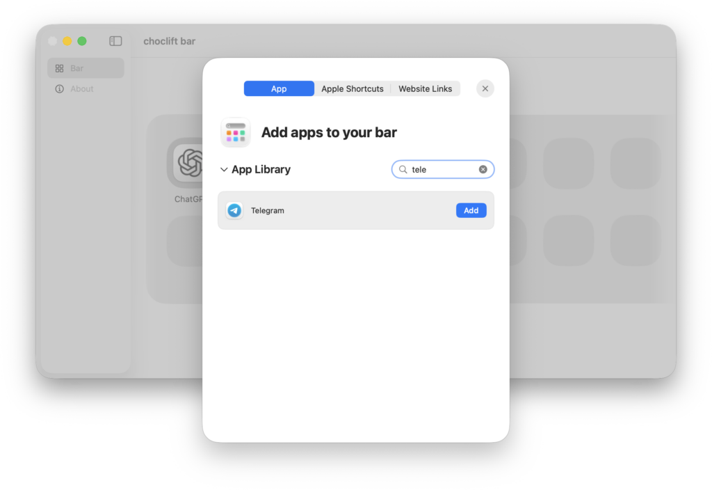 Apps, commands, and websites in Choclift: what you can launch. All apps installed on Mac are available. Photo.