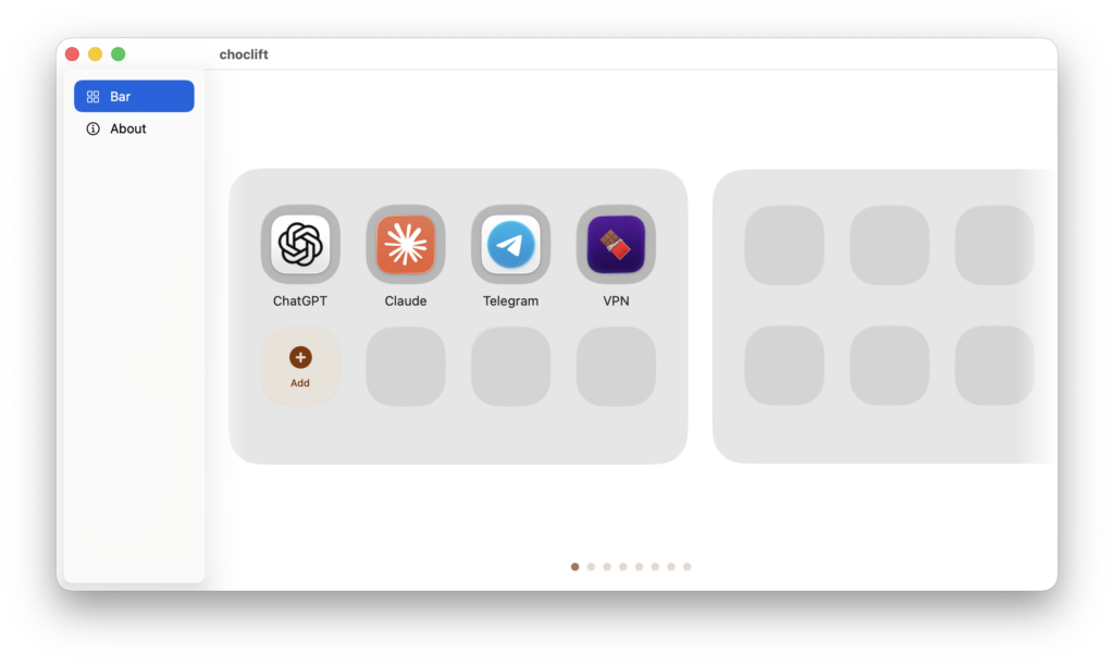Apps, commands, and websites in Choclift: what you can launch. Tap the '+' and add a shortcut. Photo.