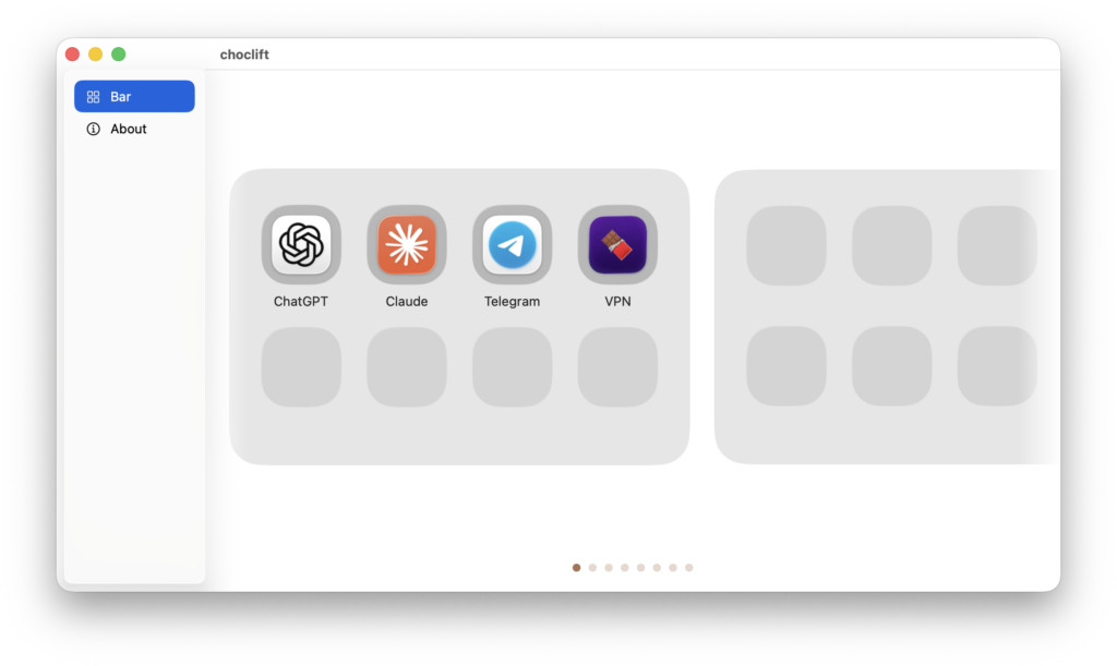 Choclift scenarios: ChatGPT, browser, and other buttons. Here's what my set of shortcuts looks like. Photo.