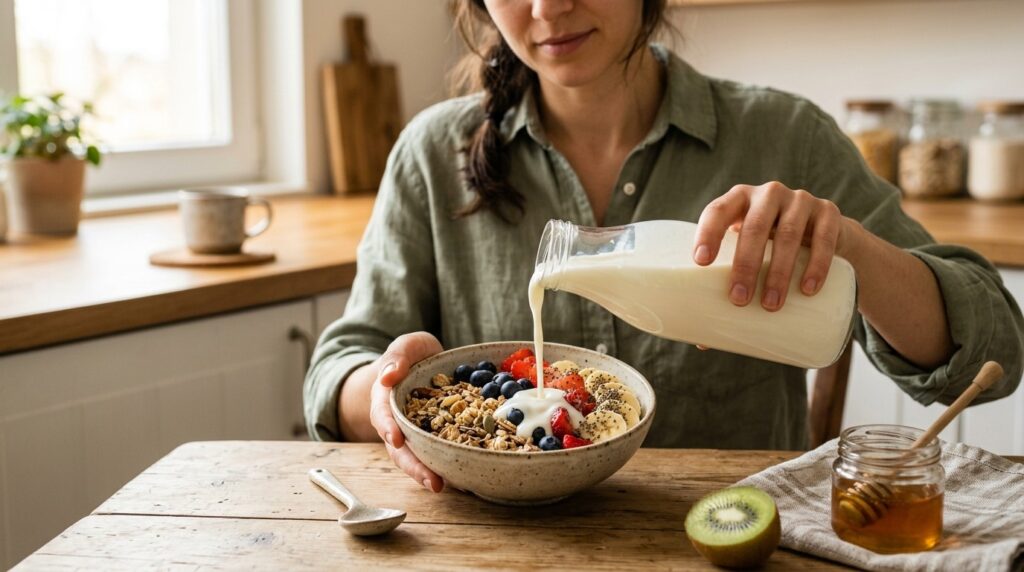 Kefir with muesli and fruit — a convenient breakfast option