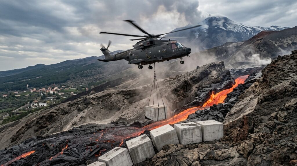 Military helicopters drop concrete blocks to divert lava on the slopes of Etna