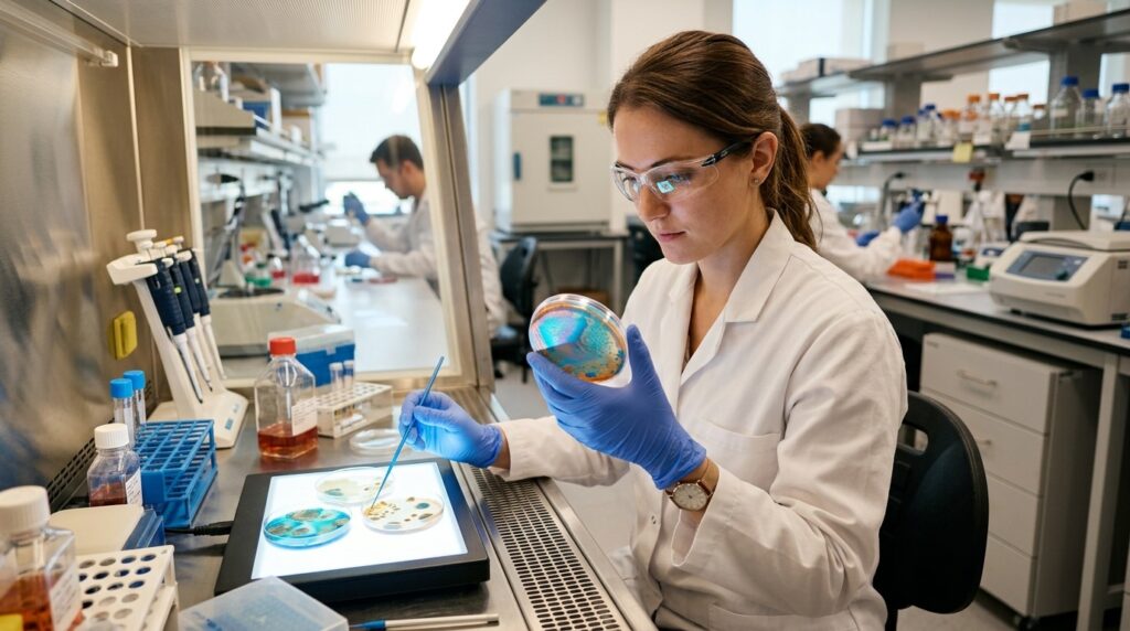 Bacterial cultures in a laboratory — from Petri dish to pharmacy shelf