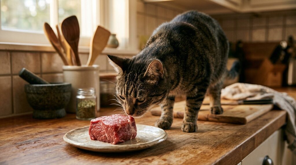 A cat sniffing meat — smell is more important than taste when choosing food