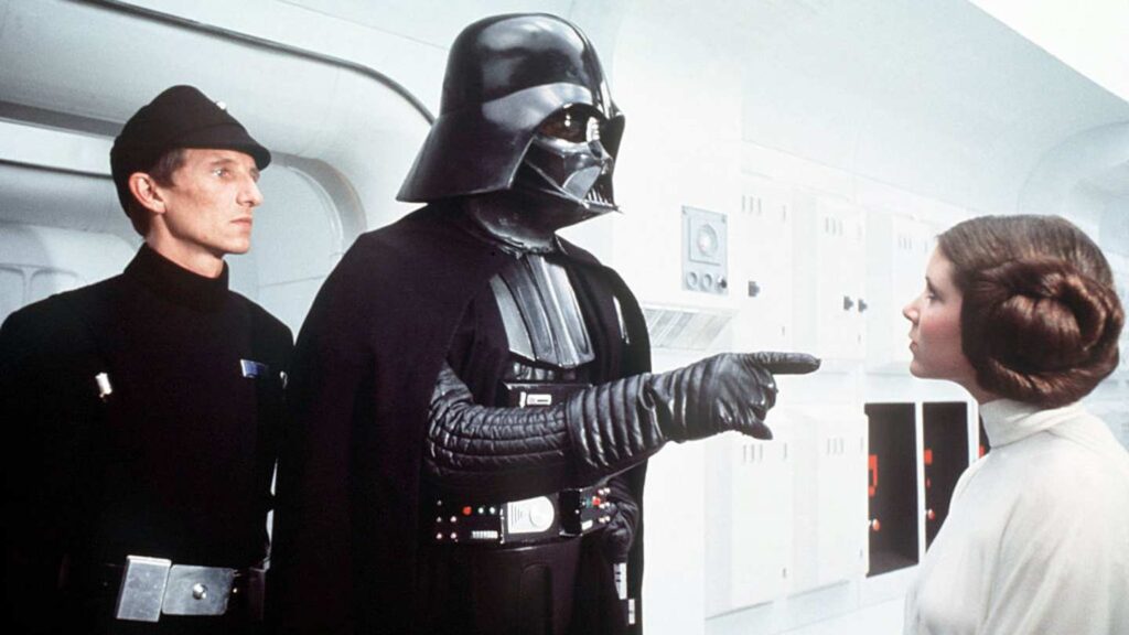 Darth Vader and Princess Leia in the film 'Star Wars: A New Hope.' Photo.