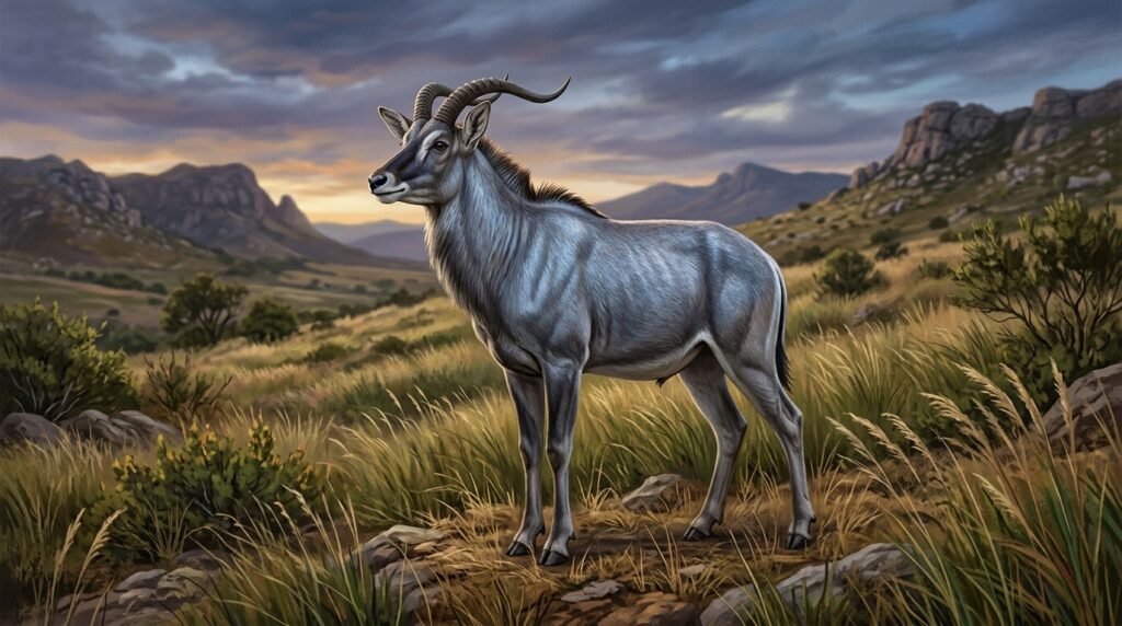 Artistic reconstruction of an extinct antelope with an unusual silvery-blue coat. Photo.