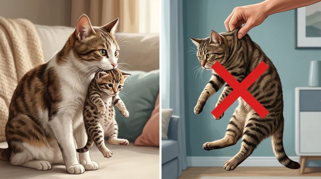 Only small kittens can be carried by the scruff — for adult cats it's painful. Photo.