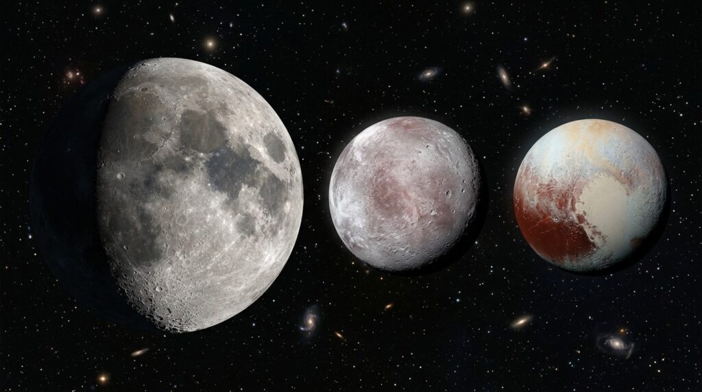 Size comparison of Pluto, Eris, and the Moon. Photo.
