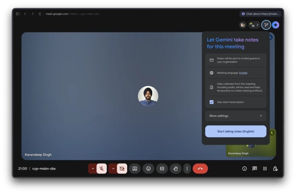 The Gemini AI is built right into Google Meet