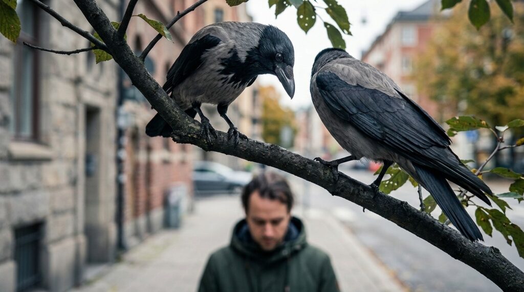 A crow watches a passerby from a tree branch