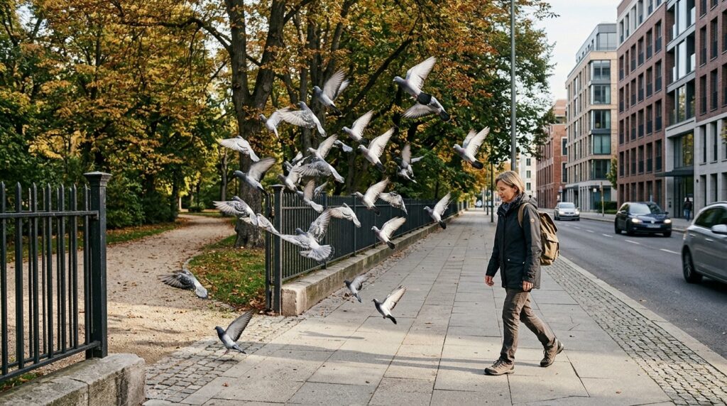 Birds take flight as a passerby approaches in the city