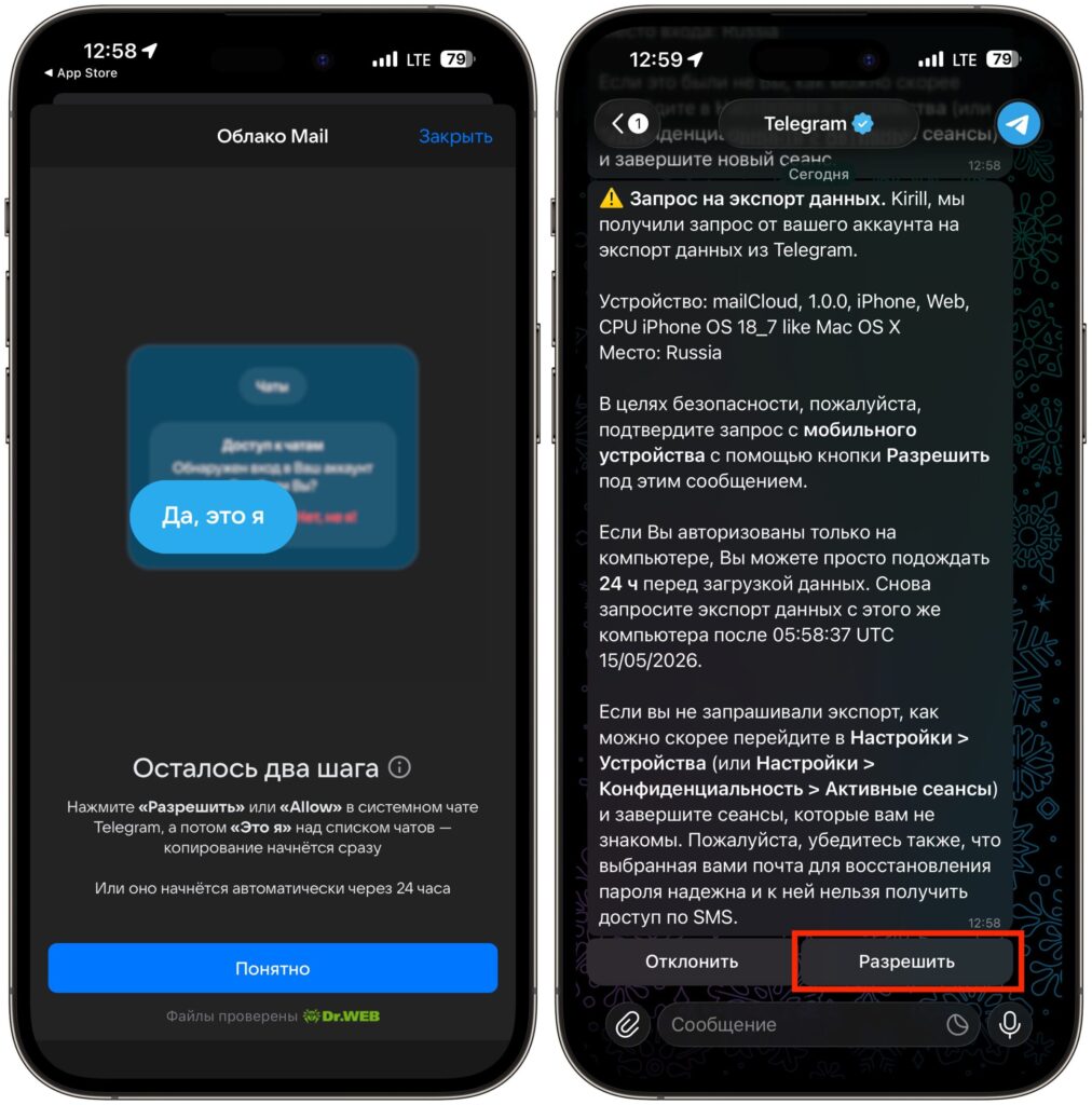 Step-by-step guide to transferring Telegram to Mail.ru Cloud. Allow Cloud access to Telegram data. Photo.