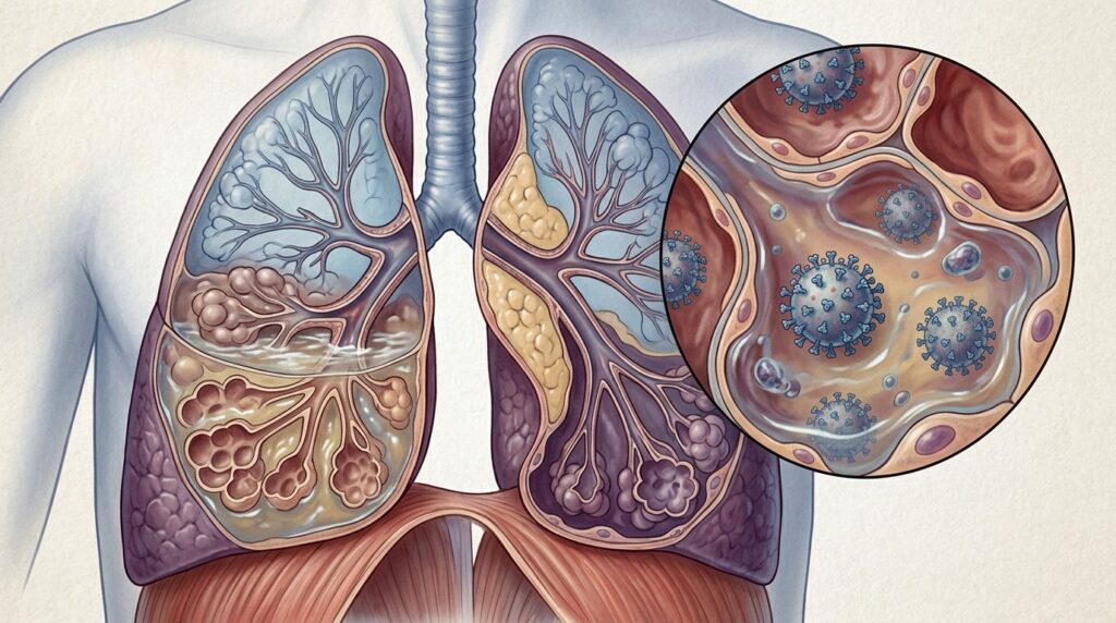 In hantavirus pulmonary syndrome, fluid fills the air spaces of the lungs