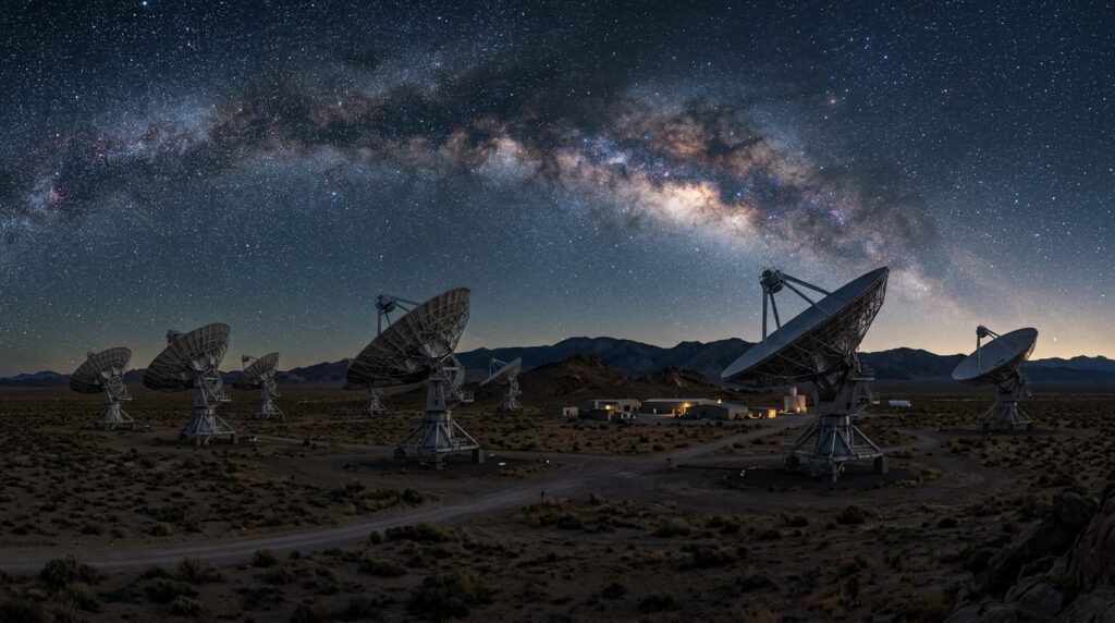 An array of radio telescopes scans the sky searching for signals
