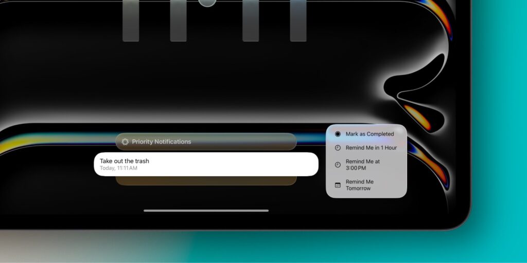 How to snooze a reminder to an exact time in iPadOS 26.5. Snoozing reminders has become more convenient. Photo.