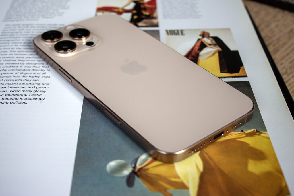 iPhone 16 Pro Max Specs: Display, Camera, and Battery Life. In Desert Titanium color it looks especially premium. Photo.