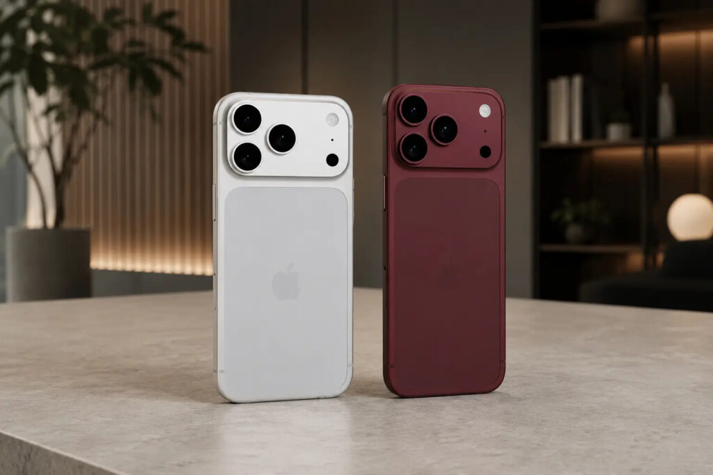 Dark Cherry iPhone 18 Pro Max next to Silver iPhone 17 Pro Max