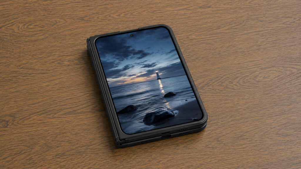 Foldable iPhone specifications — display, processor, and cameras. The outer display will be small with an unusual, almost square shape. Photo.