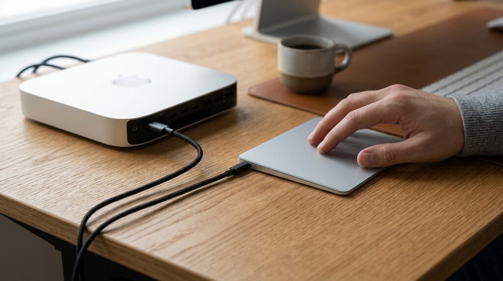 Connecting via cable helps the Mac re-sync with the Magic Trackpad