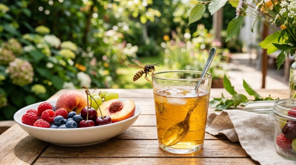 Wasps swarm to sweet drinks and fruits on a garden table. Photo.