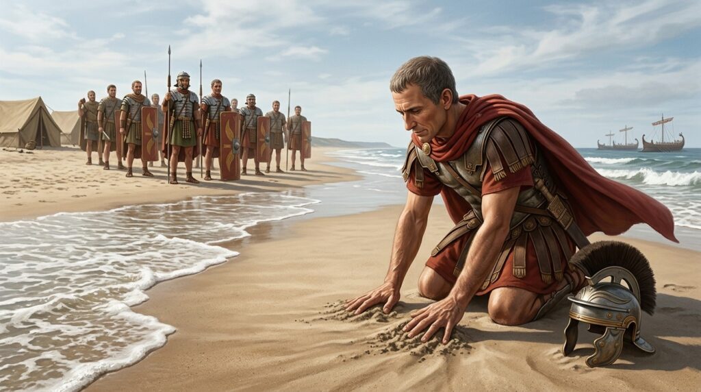 Caesar grabs the sand with his hands, turning a fall into a symbolic gesture