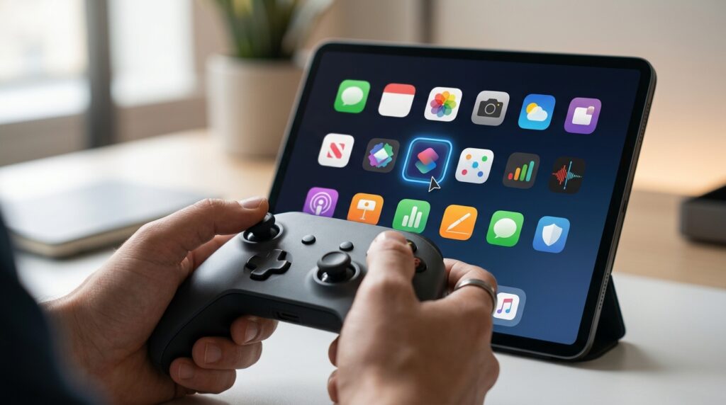 The gamepad highlights icons on the iPad home screen — navigation works via stick or D-pad