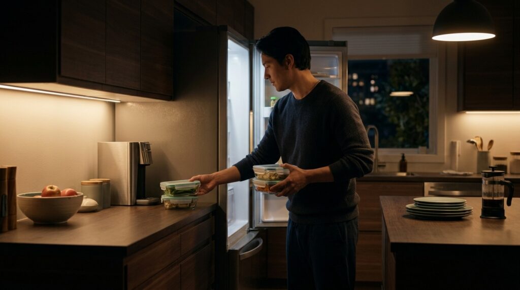 The host clearing food from the table — a soft signal that the evening is ending