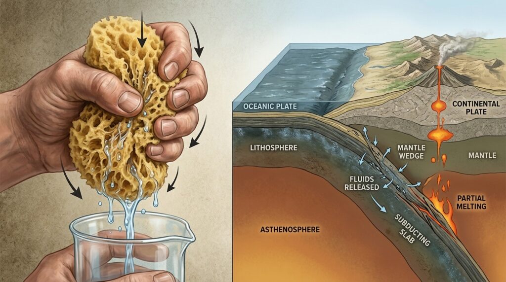 Scientists' analogy: magma is squeezed from the mantle like water from a sponge under compression