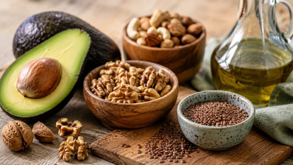 Avocado, nuts, flax seeds — sources of healthy fats that help fight fatigue. Photo.