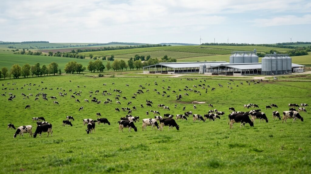 Dairy farm with cloned cows (AI-generated). Photo.