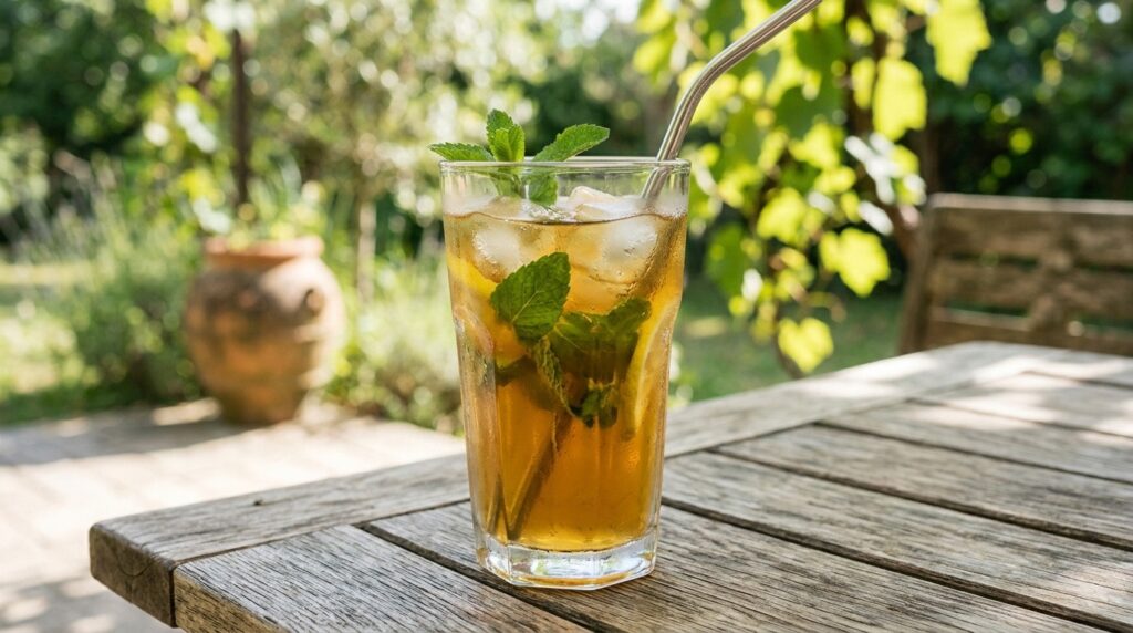 Chilled green tea with mint is a great alternative to coffee on hot days